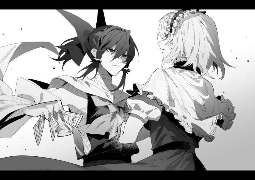 2girls alice_margatroid bow capelet closed_mouth commentary_request commission crossed_arms detached_sleeves dress expressionless frills fuuga_(perv_rsity) hair_bow hair_tubes hairband hakurei_reimu highres holding holding_ofuda lolita_hairband looking_at_another medium_hair monochrome multiple_girls ofuda parted_lips ponytail shirt skeb_commission sleeveless sleeveless_shirt touhou