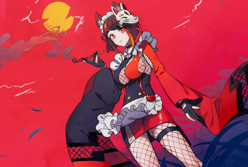 1girl nanashi_inc. animal_ear_fluff animal_ears animare apron black_hair blunt_bangs breasts dutch_angle fishnet_top fishnets fox_ears frills furisode gloves highres holding holding_smoking_pipe inari_kuromu japanese_clothes kimono kiseru long_sleeves looking_at_viewer multicolored_hair outdoors partially_fingerless_gloves red_eyes red_hair red_sky short_hair sideboob sky smoke smoking_pipe solo standing streaked_hair thighs virtual_youtuber waist_apron yuura
