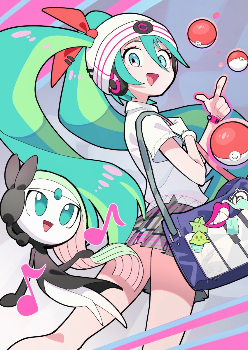bag beanie gen_5_pokemon gloves hair_through_headwear hanten_(hantennano) hat hatsune_miku highres legendary_pokemon meloetta meloetta_(aria) mythical_pokemon nintendo poke_ball poke_ball_(basic) pokemon polo_shirt project_voltage psychic_miku_(project_voltage) shoulder_bag single_glove vocaloid