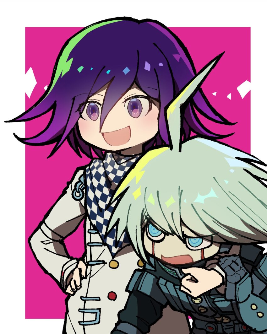 2boys :d ahoge android buttons checkered_neckerchief danganronpa_(series) danganronpa_v3:_killing_harmony double-breasted grey_hair grey_jacket hair_between_eyes highres jacket k1-b0 long_sleeves male_focus multiple_boys neckerchief oma_kokichi open_mouth pink_background purple_eyes purple_hair short_hair smile white_background youko-shima