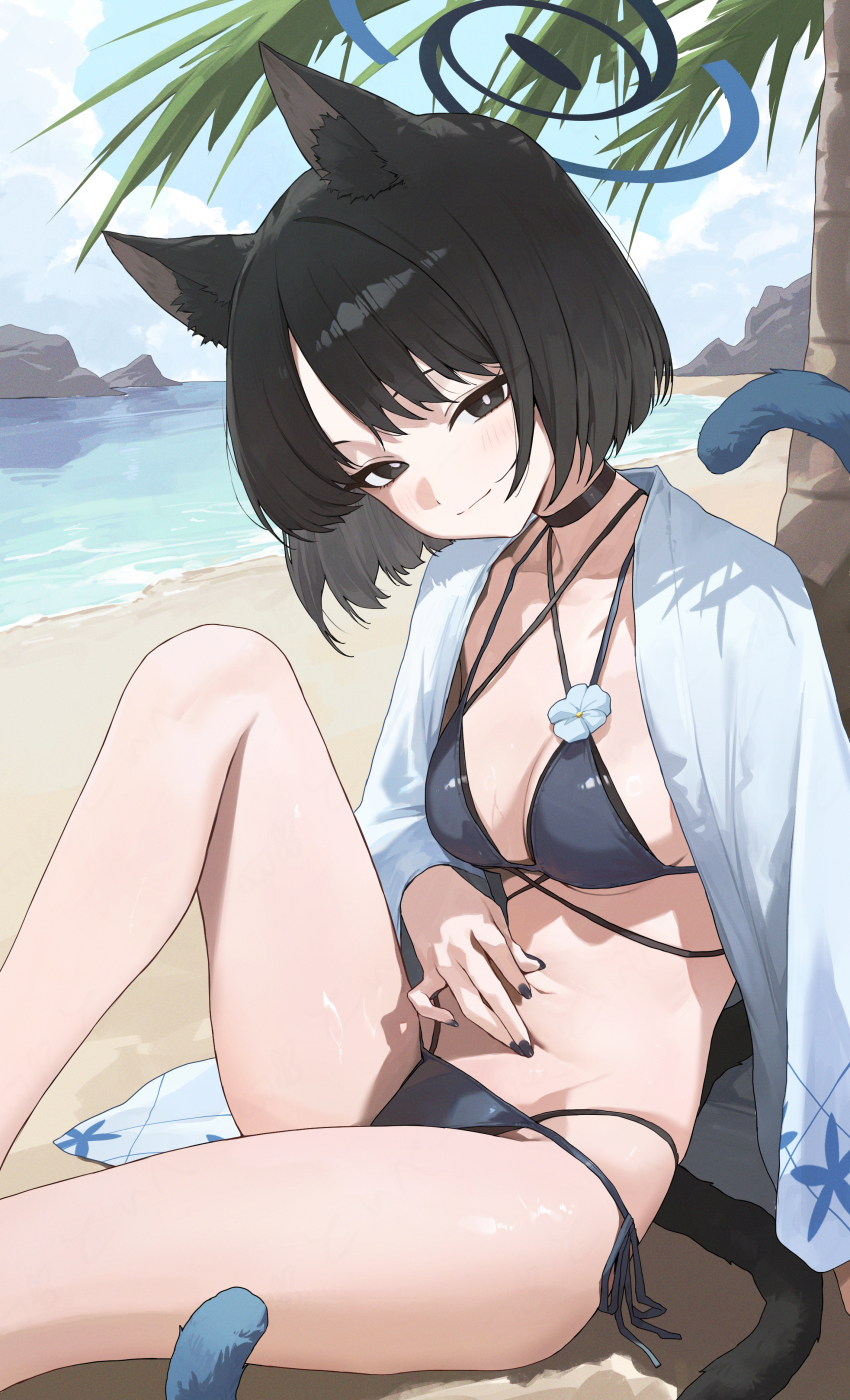 1girl absurdres animal_ear_fluff animal_ears bakeneko bikini black_choker black_nails black_tail blue_archive blue_bikini blue_halo blue_sky blue_tail breasts cat_ears cat_girl cat_tail choker cleavage closed_mouth cloud cloudy_sky commentary_request criss-cross_straps day fingernails gradient_tail halo highres kikyou_(blue_archive) kikyou_(swimsuit)_(blue_archive) knee_up layered_bikini looking_at_viewer medium_breasts multiple_tails nail_polish navel official_alternate_costume outdoors palm_tree short_hair side-tie_bikini_bottom sitting sky smile solo swimsuit tail thighs toi1et_paper tree two_tails