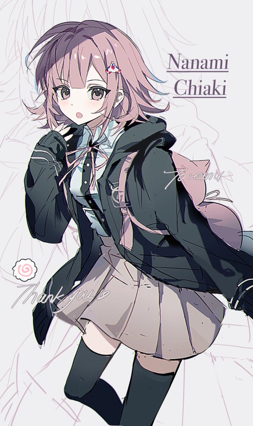 1girl :o animal_bag backpack bag black_jacket black_shirt black_thighhighs brown_hair brown_skirt cat_bag character_name collared_shirt commentary danganronpa_(series) danganronpa_2:_goodbye_despair dress_shirt galaga highres hood hood_down hooded_jacket jacket long_sleeves m_yiil77 medium_hair miniskirt nanami_chiaki neck_ribbon open_clothes open_jacket pink_bag pink_eyes pink_ribbon pleated_skirt ribbon shirt skirt solo spaceship_hair_ornament thank_you thighhighs two-tone_shirt white_shirt