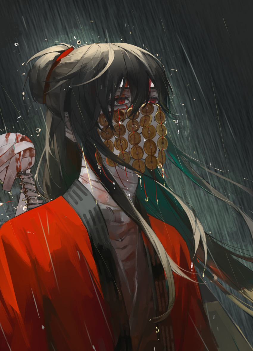 1boy bandaged_chest bandaged_neck bandages black_hair blood blood_on_face bone chinese_clothes chinese_commentary coat coin coin_mask covered_mouth dao_gui_yi_xian dripping grey_hanfu hair_between_eyes hair_bun half_updo hanfu highres holed_coin li_huowang long_hair long_sleeves looking_up male_focus mask mouth_veil night rain red_coat red_eyes sidelocks single_hair_bun skull solo spine spine_sword sword sword_on_back upper_body veil water_drop weapon weapon_on_back wet wet_hair womumumu