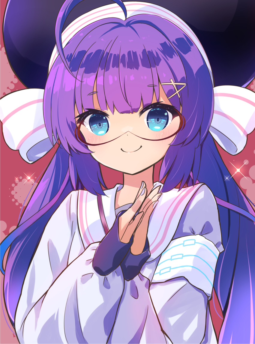 1girl ahoge animal_hat armband black_hat blue_eyes blunt_bangs closed_mouth eel_hat goggles gradient_hair hair_between_eyes hair_ornament hairclip halftone halftone_background hat hat_ribbon highres large_hat long_hair long_sleeves looking_at_viewer low_twintails mitsugushi_yuu multicolored_hair nail_polish otomachi_una otomachi_una_(voicepeak) palms_together puffy_long_sleeves puffy_sleeves purple_hair purple_nails purple_shirt red-framed_eyewear red_background ribbon sailor_collar sailor_jacket shirt shoulder_strap smile solo sparkle talkex twintails upper_body variant_set very_long_hair voicepeak white_armband white_ribbon white_sailor_collar