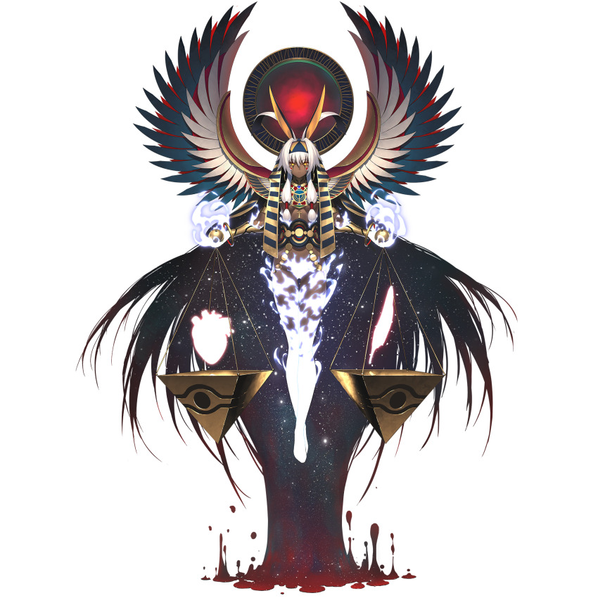 1girl ancient_egyptian animal_ears ankh ankh_necklace antenna_hair belly_chain breasts colored_inner_hair dark-skinned_female dark_skin earrings facepaint facial_mark fate/grand_order fate_(series) fire game_cg glowing_skin hairband highres hoop_earrings jackal_ears jewelry long_hair medium_breasts multicolored_hair nemes nitocris_(fate) nitocris_alter_(fate) nitocris_alter_(third_ascension)_(fate) official_art solo transparent_background usekh_collar white_fire white_hair yellow_eyes