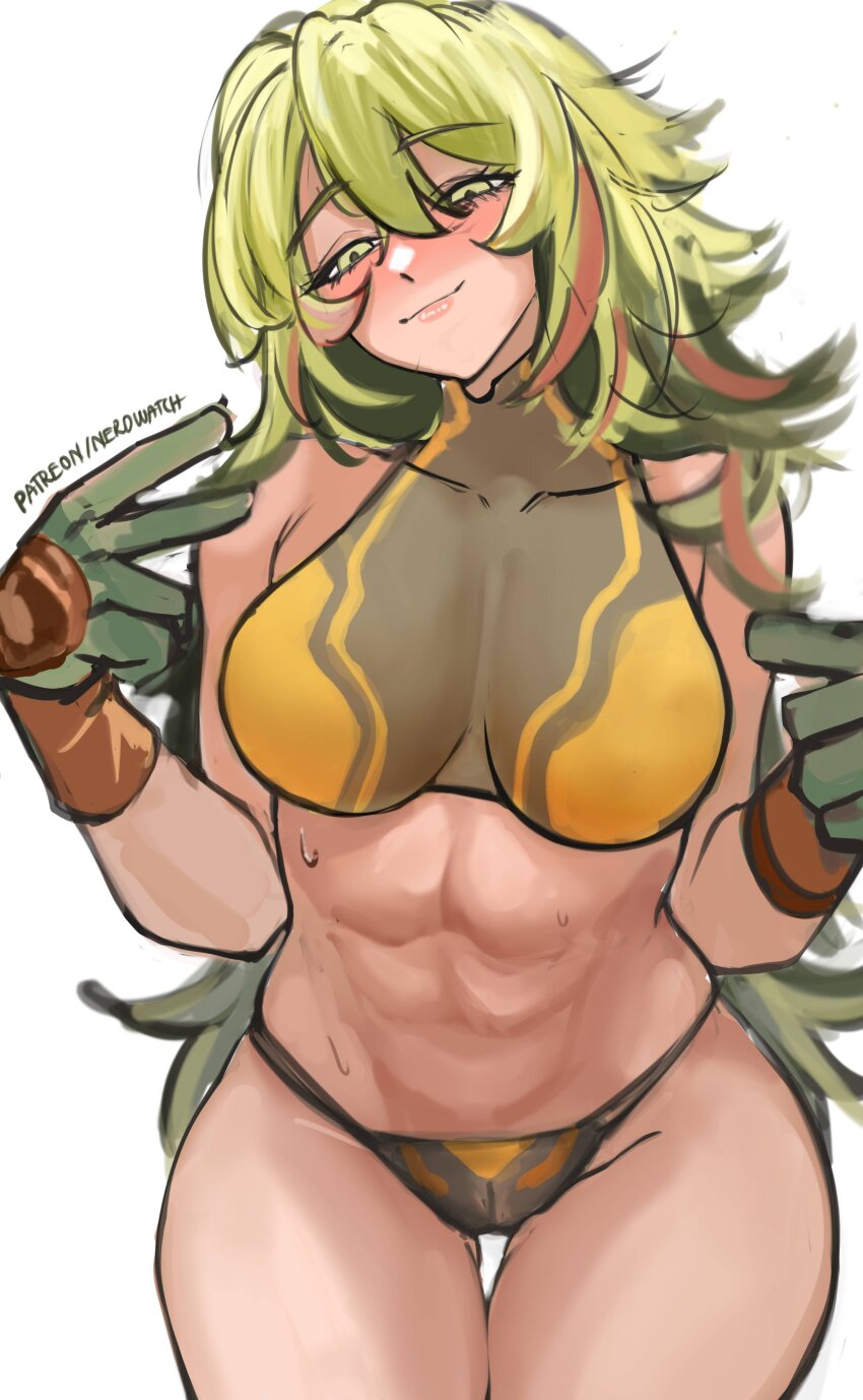 1girl abs absurdres armpit_crease bare_arms bare_shoulders boku_no_hero_academia breasts closed_mouth cowboy_shot crop_top gloves gradient_background green_eyes green_gloves green_hair green_panties green_shirt grey_background hagakure_toru hair_between_eyes half-closed_eyes halter_shirt halterneck hands_up highres large_breasts long_hair looking_at_viewer multicolored_hair navel nero_watch official_alternate_costume orange_hair panties pointing pointing_at_self shirt sleeveless sleeveless_shirt smile solo standing stomach streaked_hair two-tone_gloves two-tone_shirt underwear unusually_visible wavy_hair white_background yellow_gloves yellow_shirt