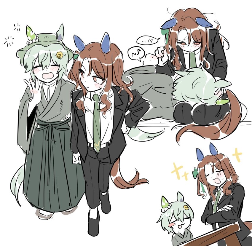 2girls animal_ears black_jacket black_pants blush blush_stickers brown_hair bucket_hat chibi collared_shirt crossed_legs ear_covers ears_through_headwear green_hair green_hakama green_hat green_necktie grey_kimono hakama hat highres holding_finger horse_ears horse_girl horse_tail jacket japanese_clothes kimono king_halo_(umamusume) lap_pillow long_hair long_sleeves looking_at_another multiple_girls multiple_views necktie open_clothes open_jacket pants seiun_sky_(umamusume) shirt short_hair side_ponytail sparkle speech_bubble squeans sweatdrop table tail umamusume umayuru unseuking0427 white_background white_shirt wide_sleeves yawning yuri