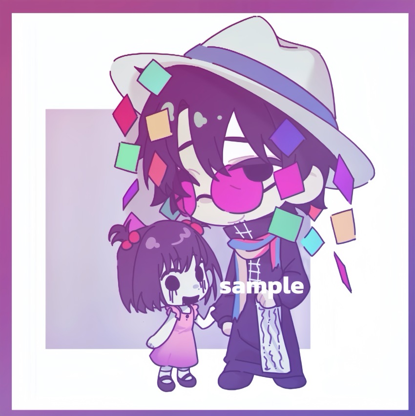 1boy 1girl absurdres artist_request black_coat black_eyes black_hair black_shoes chibi chibi_only child chinese_commentary closed_mouth clothes_grab coat commentary_request commission dress hair_bobbles hair_ornament hat highres huai_huizhi huai_yunqing mary_janes multicolored_scarf one_eye_closed open_mouth pink_dress sample_watermark scarf second-party_source shoes short_hair short_twintails sleeve_grab sleeveless sleeveless_dress smile socks touqi_guaitan twintails watermark white_hat white_socks