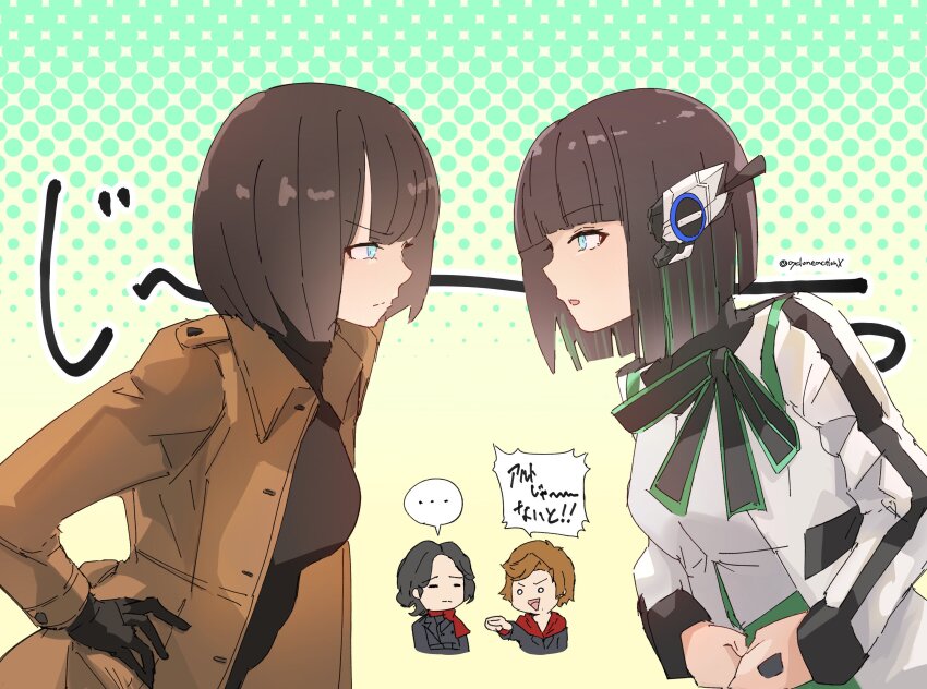 android animification black_gloves coat cycloneactionx gloves hiden_aruto highres hongou_takeshi_(shin_kamen_rider) humagear_headphones in-franchise_crossover is_(kamen_rider_01) jacket kamen_rider kamen_rider_01_(series) long_coat midorikawa_ruriko_(shin_kamen_rider) red_scarf scarf shin_kamen_rider staring staring_contest trench_coat white_jacket
