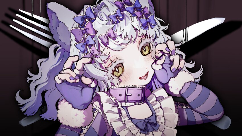 1girl absurdres animal_collar animal_ears bent_v blush bow cevio collar commentary_request cross-laced_clothes cross-laced_sleeves detached_sleeves double_v fingerless_gloves fork frilled_collar frilled_shirt frills fur-trimmed_gloves fur_trim gloves grey_hair hair_bow hands_up head_tilt highres knife long_hair long_sleeves looking_at_viewer multiple_hair_bows numata_zombie ogyougi_yoku_ne_(cevio) open_mouth purple_gloves purple_nails shirt sleeveless sleeveless_shirt slit_pupils smile solo striped_sleeves thick_eyelashes too_many_bows upper_body v wavy_hair yellow_eyes