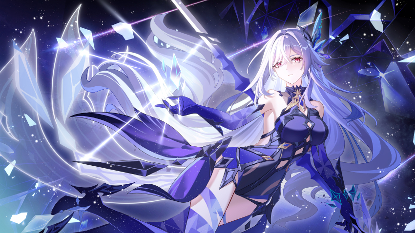 1girl bare_shoulders breasts broken_glass chirippu cleavage closed_mouth comet commentary crossed_bangs crystal_shards dress genshin_impact glass glass_shards glint glowing hair_between_eyes hair_ornament halter_dress halterneck hand_up highres holding holding_weapon large_breasts light_particles long_hair looking_at_viewer night night_sky object_floating_above_hand prosthesis prosthetic_arm prosthetic_leg purple_dress red_eyes short_dress skirk_(genshin_impact) sky solo sparkle thighs very_long_hair weapon white_hair