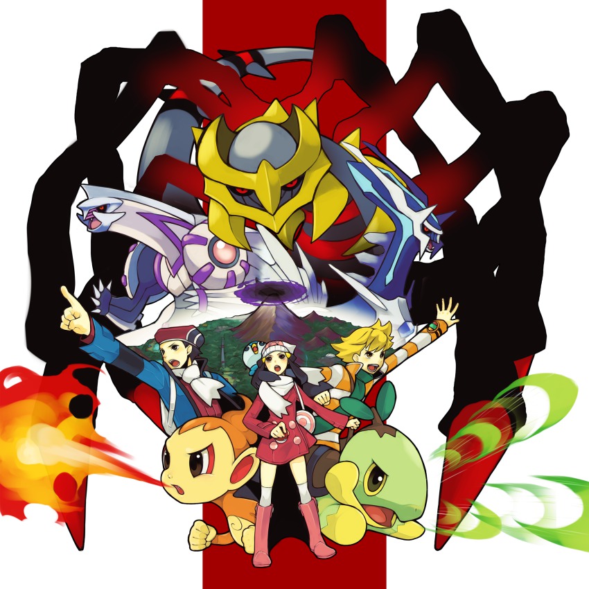 00s 2boys alternate_costume artist_request barry_(pokemon) chimchar dawn_(pokemon) dialga gen_4_pokemon giratina giratina_(origin) hat highres legendary_pokemon lucas_(pokemon) multiple_boys nintendo palkia piplup pointing pokemon pokemon_(creature) pokemon_dppt starter_pokemon_trio turtwig winter_clothes