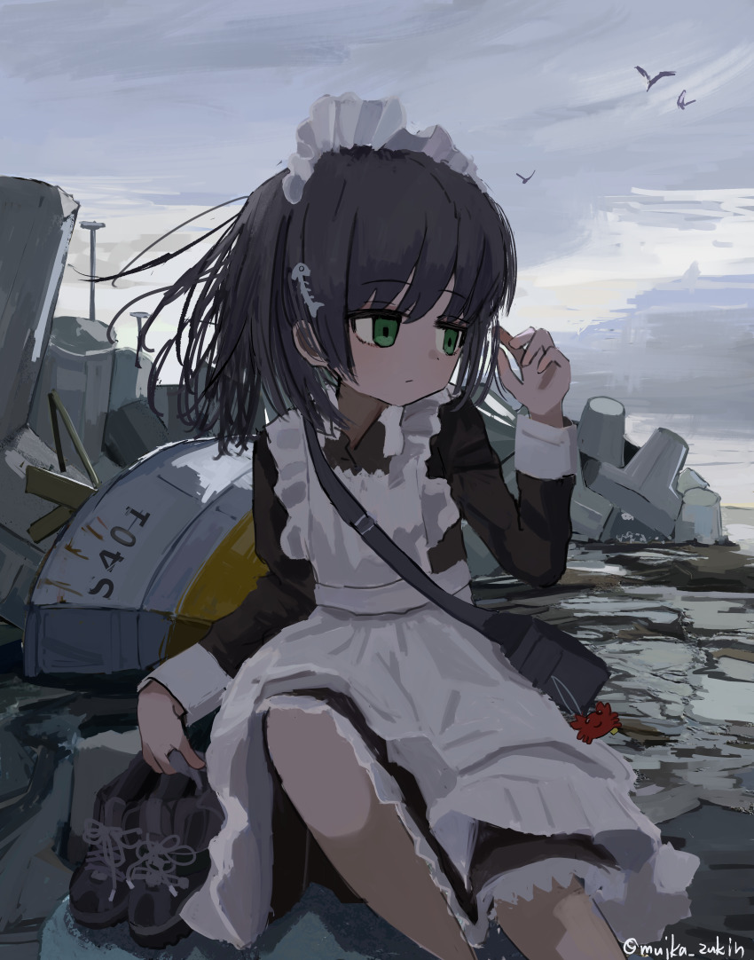 1girl absurdres apron bag black_footwear black_hair boat cloud cloudy_sky fish_skeleton_hair_ornament green_eyes highres long_sleeves maid maid_apron maid_headdress nature ocean original outdoors ruins scenery ship shoes short_hair sky slice_of_life utility_pole wanigumo water watercraft