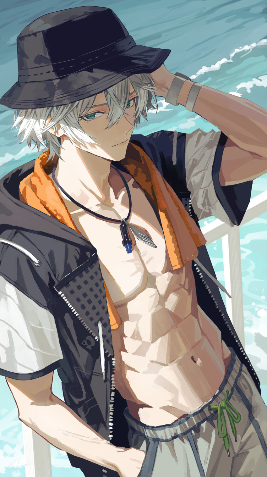 1boy absurdres against_railing arm_up black_hat closed_mouth commentary_request cowboy_shot green_eyes grey_hair hair_between_eyes hand_in_pocket hat highres jacket looking_at_viewer male_focus maria_(maria_rose) navel open_clothes open_jacket outdoors railing short_hair short_sleeves solo toned toned_male towel towel_around_neck unzipped water wise_(peaceful_waves)_(zenless_zone_zero) wise_(zenless_zone_zero) zenless_zone_zero