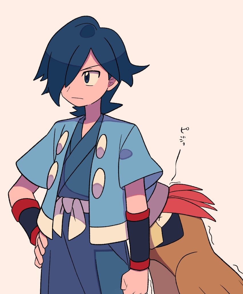 1boy belt bird blue_eyes blue_hair blue_jacket closed_mouth falkner_(pokemon) gen_1_pokemon hair_over_one_eye hand_on_own_hip highres jacket japanese_clothes kimono male_focus medium_hair nintendo open_clothes open_jacket pidgeotto pokemon pokemon_(creature) pokemon_hgss simple_background tyako_089 white_belt x_x