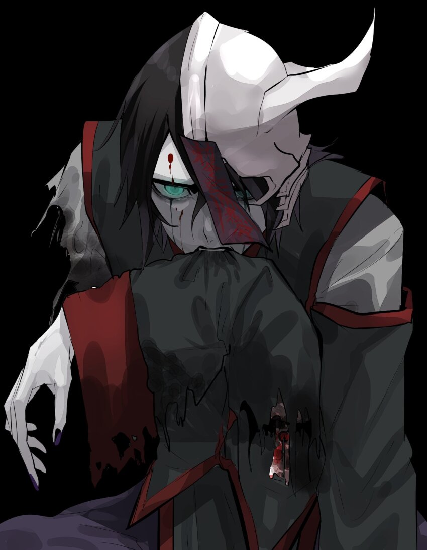 1boy arrancar black_background black_hair black_nails bleach blood blood_on_face broken_helmet chinese_clothes colored_skin exposed_bone facial_mark green_eyes hair_between_eyes highres hishui_prpr jiangshi missing_limb ofuda ofuda_on_head severed_arm severed_limb solo ulquiorra_cifer white_skin