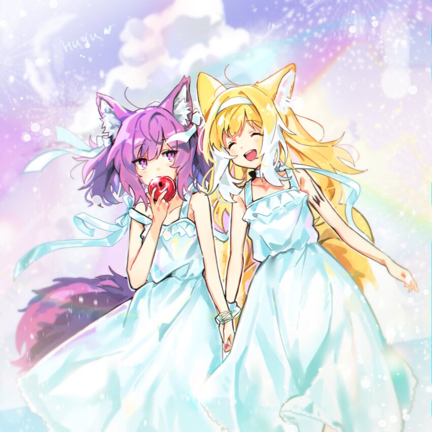 2girls :d animal_ear_fluff animal_ears apple arknights bare_shoulders blonde_hair bracelet closed_eyes collarbone dress food fox_ears fox_girl fox_tail fruit hair_ribbon hairband highres holding holding_food holding_fruit holding_hands jewelry long_hair material_growth medium_hair multicolored_hair multiple_girls open_mouth oripathy_lesion_(arknights) purple_eyes purple_hair ribbon shamare_(arknights) sleeveless sleeveless_dress smile suzuran_(arknights) tail teeth two-tone_hair upper_teeth_only wed_(lim38869577) white_dress white_hair white_hairband white_ribbon wrist_cuffs