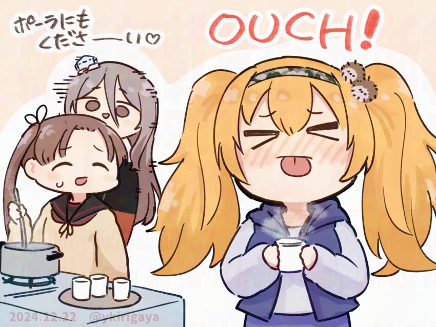3girls ayanami_(kancolle) ayanami_kai_ni_(kancolle) black_sailor_collar blonde_hair blue_shirt blue_vest brown_hair brown_sweater camouflage_hairband commentary_request cooking_pot cup gambier_bay_(kancolle) gambier_bay_(saury_festival)_(kancolle) grey_hair hair_between_eyes hood hooded_vest hoodie kantai_collection kirigaya_yuuji long_hair mug multiple_girls pola_(kancolle) porcupine sailor_collar school_uniform serafuku shirt side_ponytail sweater tongue tongue_out translation_request twintails upper_body vest