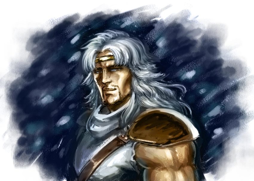 1boy beard brown_eyes facial_hair headband highres hokuto_no_ken long_hair male_focus mori_(chiyokototochiko) muscular shoulder_pads silver_hair smile solo strap toki_(hokuto_no_ken) upper_body