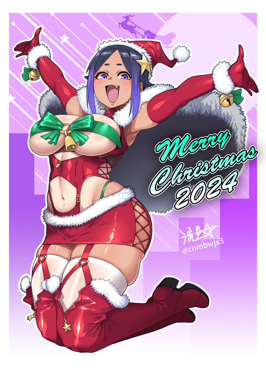 1girl bell blue_eyes blue_hair blush boots breasts capelet christmas clothing_cutout commentary cross-laced_slit dark-skinned_female dark_skin elbow_gloves english_text fang fur-trimmed_capelet fur-trimmed_headwear fur-trimmed_skirt fur_trim garter_straps gloves gradient_hair green_ribbon hair_ornament hat highleg highleg_panties highres large_breasts looking_at_viewer merry_christmas multicolored_hair navel navel_cutout o-ring o-ring_top open_mouth original outstretched_arms panties red_capelet red_hat ribbon ryuusei&#039;s_3x-yo_girl ryuusei_(mark_ii) santa_costume santa_hat shooting_star_(symbol) signature skindentation skirt sleigh smile spread_arms star_(symbol) star_hair_ornament tan tanline thigh_boots thighhighs thighhighs_under_boots underwear