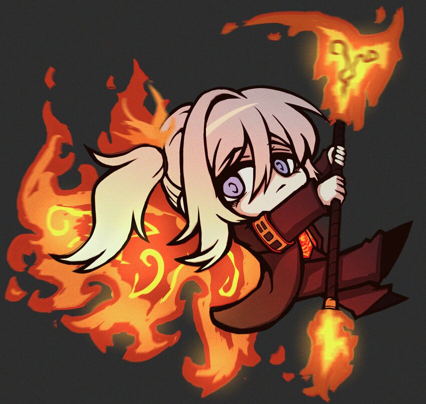 1girl absurdres ardor_blossom_star_(e.g.o) black_shoes blue_eyes brown_coat brown_pants chibi closed_mouth coat e.g.o_(project_moon) faust_(project_moon) fiery_wings fire fire_hair_ornament full_body give_miol grey_background half_updo highres holding holding_staff limbus_company long_sleeves looking_at_viewer orange_vest pants project_moon shoes short_hair simple_background solo staff standing vest white_hair wings