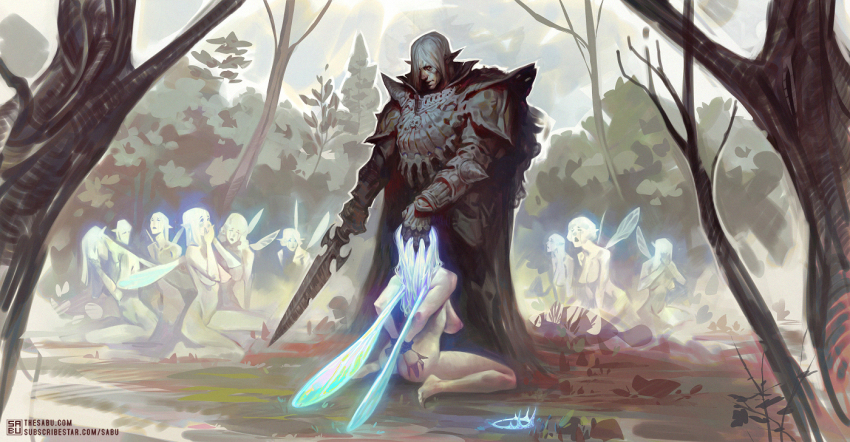 1boy 6+girls armor arms_behind_back barefoot bound bound_wrists breastplate breasts completely_nude crown fairy_wings full_armor gauntlets grey_hair holding holding_sword holding_weapon large_breasts long_hair multiple_girls nipples no_headwear nude original pointy_ears sabu_(sabudenego) short_hair sword tree watermark weapon web_address white_hair wings