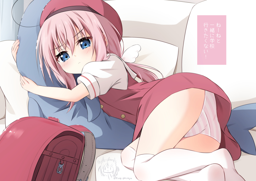 1girl artist_name backpack bag beret blue_eyes closed_mouth commentary_request crotch_seam dress hat hugging_object light_blush loli long_hair looking_at_viewer lying no_shoes on_bed on_side original panties pinafore_dress pink_dress pink_hair pink_hat randoseru ri-net shirt short_sleeves sleeveless sleeveless_dress solo straight_hair striped_clothes striped_panties stuffed_animal stuffed_toy thighhighs translation_request underwear upskirt white_shirt white_thighhighs