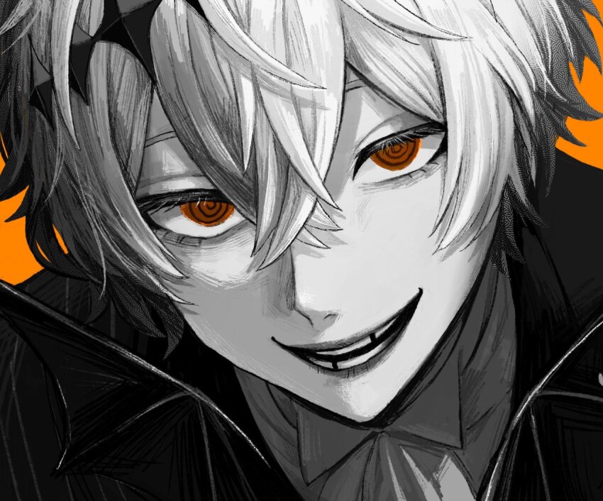 1boy ascot close-up collared_shirt commentary_request cropped crossed_bangs double-parted_bangs greyscale_with_colored_background grin hatching_(texture) head_tilt jacket leaning_forward looking_at_viewer male_focus nil_(pixiv_53614557) open_mouth orange_background orange_eyes raised_eyebrows sanpaku shirt simple_background skully_j._graves smile teeth twisted_wonderland
