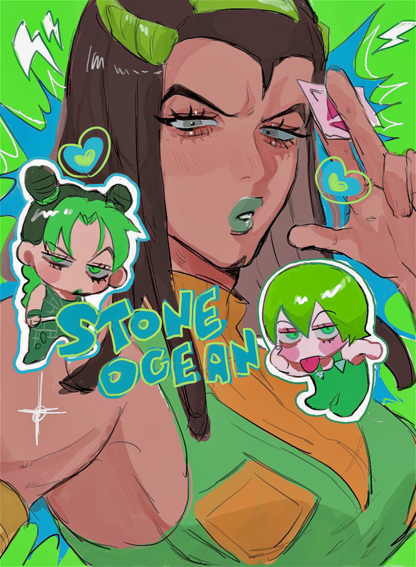 3girls :o :p bare_shoulders bent_over blush braid breasts bun_with_braided_base chibi chibi_inset copyright_name double_bun dreadlocks ermes_costello eyelashes facial_tattoo foo_fighters_(jojo) forehead_tattoo green_background green_eyes green_hair green_lips green_outline green_overalls green_sweater hair_bun half-closed_eyes hand_up highres holding jitome jojo_no_kimyou_na_bouken kuujou_jolyne lightning_bolt_symbol lipstick long_hair looking_at_viewer makeup matubaru_chan medium_breasts multicolored_hair multiple_girls orange_sweater outline overalls shirt short_hair sleeveless sleeveless_shirt solo_focus spider_web_print sticker stone_ocean sweater tattoo tongue tongue_out two-tone_hair two-tone_sweater white_outline
