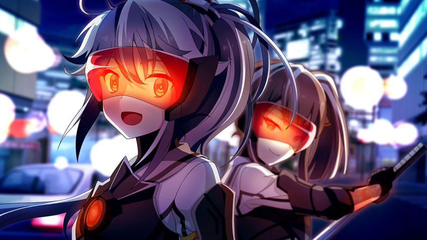 2girls :d ayanokouji_martial_arts_school_uniform blurry blurry_background brown_hair closed_mouth depth_of_field game_cg grey_hair grey_sailor_collar hair_between_eyes head-mounted_display holding holding_sword holding_weapon katana long_hair looking_at_viewer mind_control multicolored_hair multiple_girls non-web_source open_mouth ponytail power_suit sailor_collar school_uniform shirt side_ponytail smile streaked_hair suzumoto_hana sword toji_no_miko toji_no_miko:_kizamishi_issen_no_tomoshibi upper_body very_long_hair weapon white_hair white_shirt winter_uniform yamashiro_yui