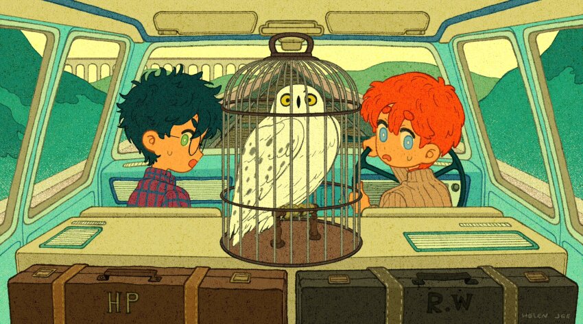 2boys bird birdcage blue_eyes cage car car_interior checkered_clothes checkered_shirt colored_sclera driving freckles green_eyes harry_potter harry_potter_(series) hedwig helen_jee highres looking_at_animal looking_at_viewer male_focus messy_hair motor_vehicle multiple_boys open_mouth owl railroad_tracks red_hair ron_weasley shirt small_sweatdrop suitcase sweater turtleneck turtleneck_sweater wizarding_world yellow_sclera