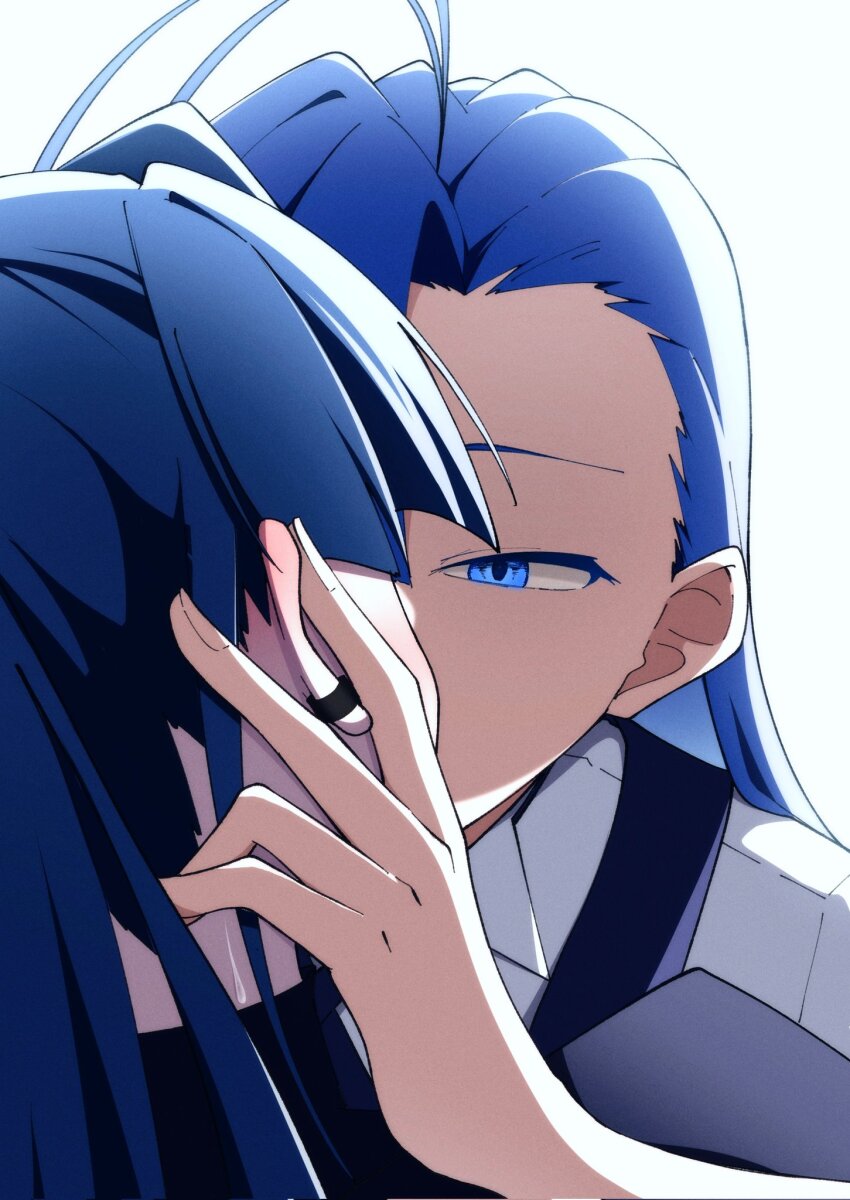 2girls ado_(utaite) ahoge blue_eyes blue_hair blush commentary_request ear_blush hand_on_another&#039;s_cheek hand_on_another&#039;s_face highres kiss long_hair merry_(ado) multiple_girls naima_(ado) nori_(norinori_yrl) readymade_(ado) shirt simple_background usseewa white_background white_shirt yuri