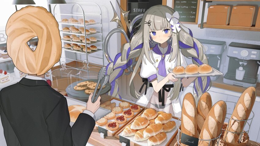 1girl amanogawa_shiina baguette bakery black_panties black_ribbon bow braid bread buttons cake closed_mouth commission cookie cupcake double-breasted espresso_machine food formal_clothes grey_hair hair_bow hair_ornament highres holding holding_tongs holding_tray jacket loaf_of_bread long_hair menu neckerchief negoto_o panties phase_connect purple_eyes purple_hair purple_neckerchief ribbon scissors_hair_ornament second-party_source see-through_clothes shop skeb_commission smile suit tongs tray twin_braids underwear virtual_youtuber white_bow white_jacket
