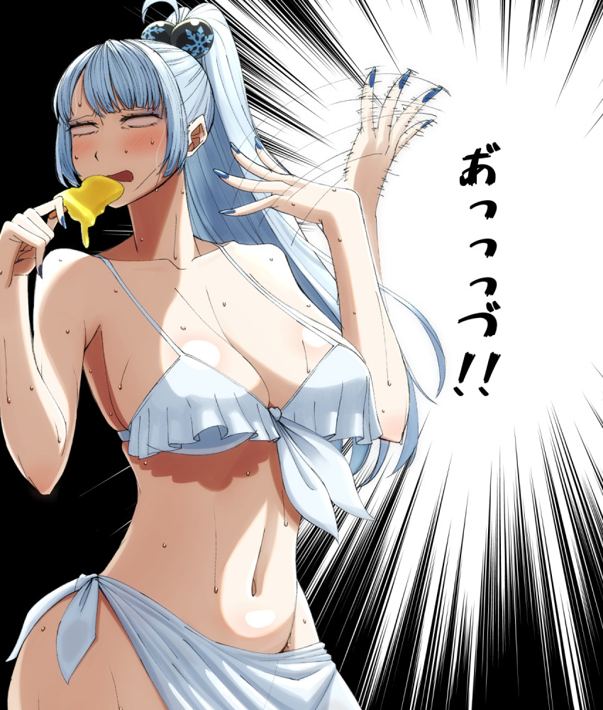 1girl ahoge bikini blue_hair blue_nails blush breasts empty_eyes fanning_face fanning_self food frilled_bikini frills front-tie_bikini_top front-tie_top hair_bobbles hair_ornament high_ponytail highres holding holding_food holding_popsicle hot large_breasts light_blue_hair long_hair melting multicolored_hair navel nijisanji no_pupils open_mouth oshi-ete_grandfather ponytail popsicle sarong setsuna_(nijisanji) snowflake_print solo stomach streaked_hair sweat swimsuit virtual_youtuber white_bikini white_hair white_sarong