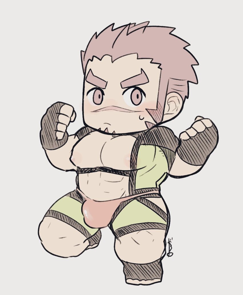 1boy abs akashi_(live_a_hero) akashi_(water_bullet)_(live_a_hero) bara bare_pectorals blush bodysuit bulge deformed facial_hair goatee green_bodysuit green_male_swimwear highres igarashi_(igarashi_ta) large_pectorals live_a_hero long_sideburns looking_at_viewer male_focus male_swimwear muscular muscular_male muted_color official_alternate_costume pectorals red_eyes red_hair red_male_swimwear scar scar_on_face scar_on_nose short_hair shy sideburns solo standing standing_on_one_leg sweatdrop thick_eyebrows