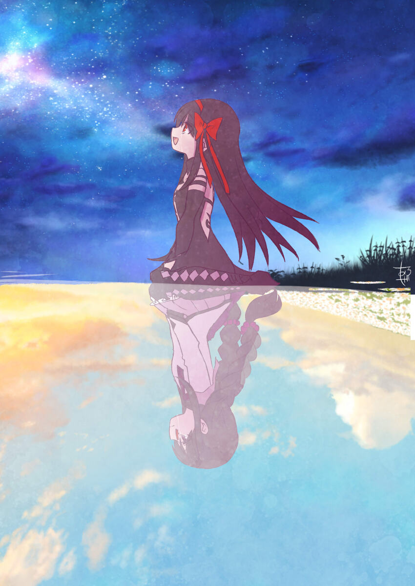 2girls absurdres akemi_homura akemi_homura_(magical_girl) akuma_homura argyle_clothes argyle_thighhighs armlet aroze backless_dress backless_outfit black_collar black_dress black_hair blue_sky bow braided_twintails cloud cloudy_sky collar crying day detached_collar dress dual_persona female_focus from_side glasses grass hair_bow hairband high_collar highres jewelry kneeling long_hair looking_up mahou_shoujo_madoka_magica mahou_shoujo_madoka_magica:_hangyaku_no_monogatari multiple_girls night night_sky open_mouth profile red_bow red_eyes red_hairband reflection shore sky star_(sky) starry_sky white_dress