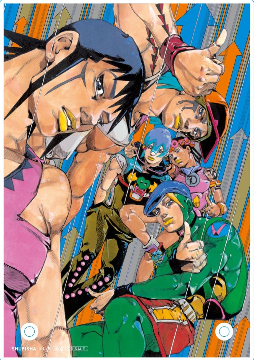 1girl 4boys araki_hirohiko arrow_(symbol) baseball_cap bell-bottoms beret black_bridal_gauntlets black_choker black_eyes black_hair blonde_hair blue_eyes blue_hair blue_hat bodysuit braid breasts bridal_gauntlets brooch charming_man choker dragona_joestar flower green_bodysuit green_overalls grey_sleeves hair_between_eyes hair_flower hair_ornament hat heart_ornament highres jewelry jodio_joestar jojo_no_kimyou_na_bouken jojo_pose long_bangs looking_at_viewer makeup medium_hair multicolored_hair multiple_boys non-web_source official_art overalls paco_laburantes pants parted_lips pink_overalls pink_shirt pointing red_shorts shirt short_sleeves shorts single_braid tank_top teeth the_jojolands thumbs_up two-tone_hair usagi_aloha&#039;oe wristband yellow_lips
