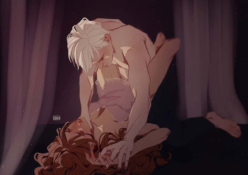 1boy 1girl artist_logo artist_name blonde_hair boy_on_top breasts brown_hair cleavage closed_eyes couple curly_hair draco_malfoy elithien gryffindor harry_potter_(series) hermione_granger leg_lock logo nightgown sleepwear slytherin strangling topless_male wizarding_world