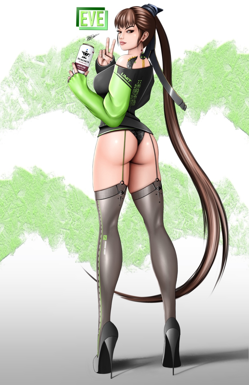 absurdres ass bj_ducusin eve_(stellar_blade) full_body garter_straps highres looking_back peace stellar_blade tagme thighhighs v