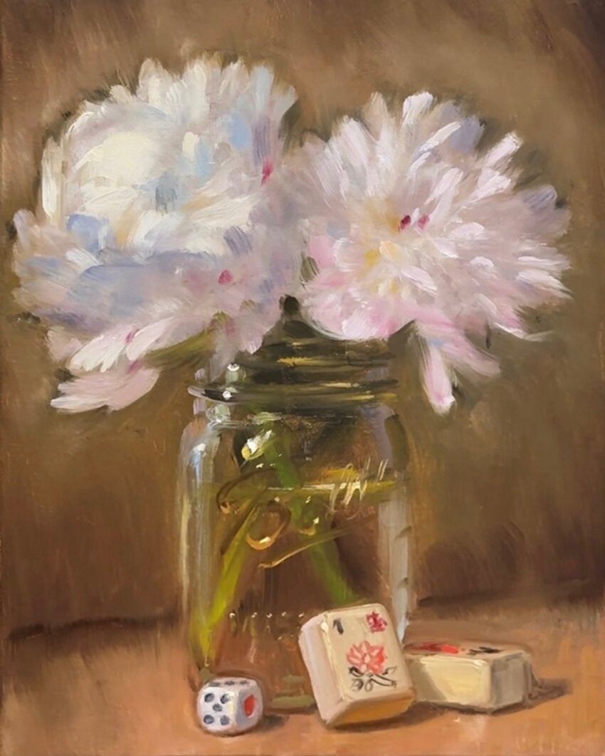 commentary dice english_commentary flower highres jar mahjong mahjong_tile no_humans noah_verrier oil_painting_(medium) original painting_(medium) peony_(flower) plant plant_focus still_life traditional_media water white_flower