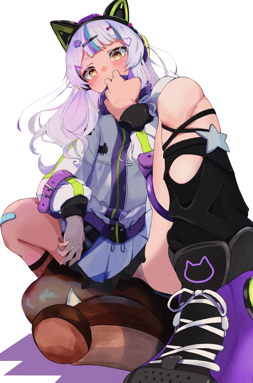 1girl absurdres animal_ear_headphones animal_ears asymmetrical_legwear bandaid bandaid_on_knee bandaid_on_leg black_socks blunt_bangs blush cat_ear_headphones cat_hair_ornament covered_mouth decora fake_animal_ears fishnet_socks fishnets foreshortening full_body goomba grey_hair hair_ornament hairclip headphones heart heart_hair_ornament high_collar high_tops highres hololive iwashitarou jacket kneehighs long_hair long_sleeves looking_at_viewer mario_(series) miniskirt mismatched_legwear multicolored_hair murasaki_shion murasaki_shion_(8th_costume) nintendo official_alternate_costume official_alternate_hairstyle paw_hair_ornament perspective pleated_skirt popped_collar purple_hair purple_shoes ringed_eyes shoes short_eyebrows simple_background single_kneehigh single_loose_sock single_sock skirt sneakers socks solo squatting streaked_hair virtual_youtuber white_background white_jacket white_skirt yellow_eyes
