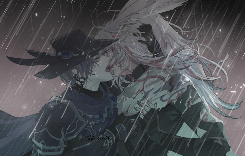 2girls androgynous animal_ears armor bib_bb_bib black_gloves black_hair black_hat blood blood_in_hair blood_on_clothes blood_on_face cape clothes_grab ear_piercing eye_contact face-to-face final_fantasy final_fantasy_xiv fingerless_gloves from_side gloves hand_on_another&#039;s_head hat highres kiss long_hair looking_at_another messy_hair multiple_girls open_mouth outdoors pauldrons piercing profile purple_cape rabbit_ears rain reaper_(final_fantasy) reverse_trap short_hair shoulder_armor tricorne upper_body viera warrior_of_light_(ff14) white_cape white_eyes white_hair yuri zero_(ff14)