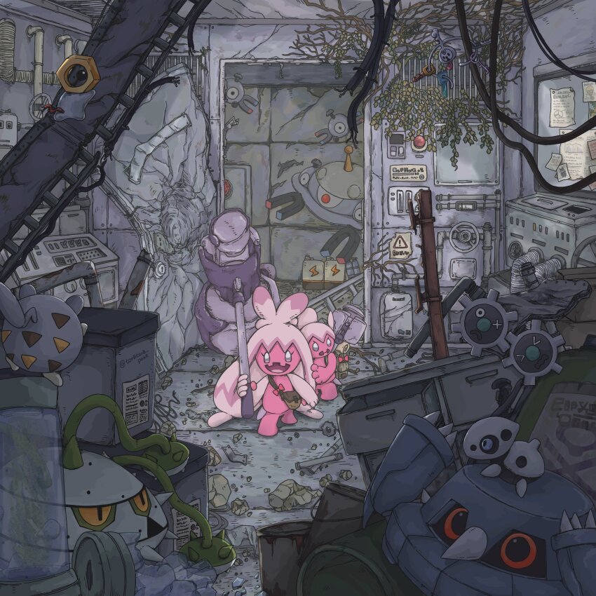 :d aron bag blue_eyes brown_bag claws colored_skin commentary_request door ferrothorn floating game_freak gen_1_pokemon gen_3_pokemon gen_4_pokemon gen_5_pokemon gen_6_pokemon gen_7_pokemon hammer highres holding holding_hammer indoors klang klefki machine magnemite magnezone meltan metang mythical_pokemon nintendo no_humans open_mouth overgrown pink_skin pokemon pokemon_(creature) red_eyes rock rust shoulder_bag smile tinkaton tinkatuff togedemaru tora_(tsmc5353) walking yellow_eyes