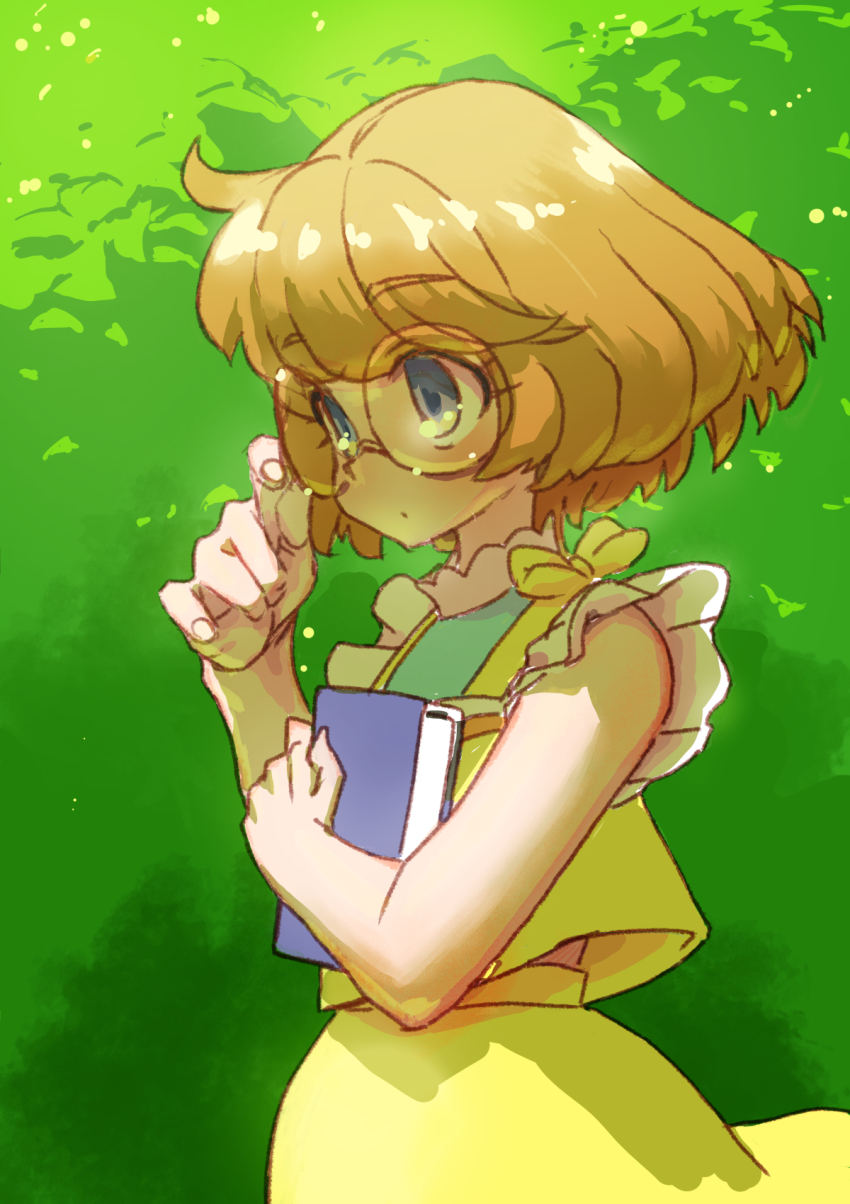 1girl adjusting_eyewear blue_eyes bob_cut book brown_hair closed_mouth cowboy_shot ei_(eikun) expressionless glasses green_background green_shirt highres holding holding_book ichinose_minori outdoors precure round_eyewear shirt short_hair skirt sleeveless sleeveless_shirt solo tareme tropical-rouge!_precure vest yellow_skirt yellow_vest