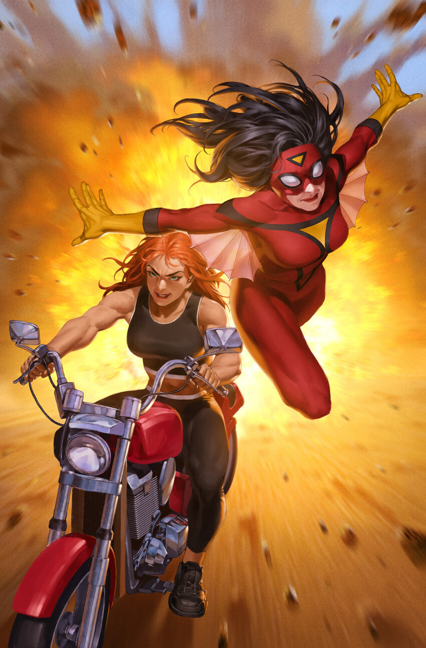 2girls black_boots black_hair black_pants black_tank_top bodysuit boots breasts explosion gloves green_eyes highres jessica_drew large_breasts lindsay_mccabe long_hair marvel midriff motor_vehicle motorcycle multiple_girls navel on_motorcycle orange_hair pants red_bodysuit red_lips red_mask shoes sitting spider-man_(series) spider-woman tank_top toned toned_female yellow_gloves yoon_junggeun