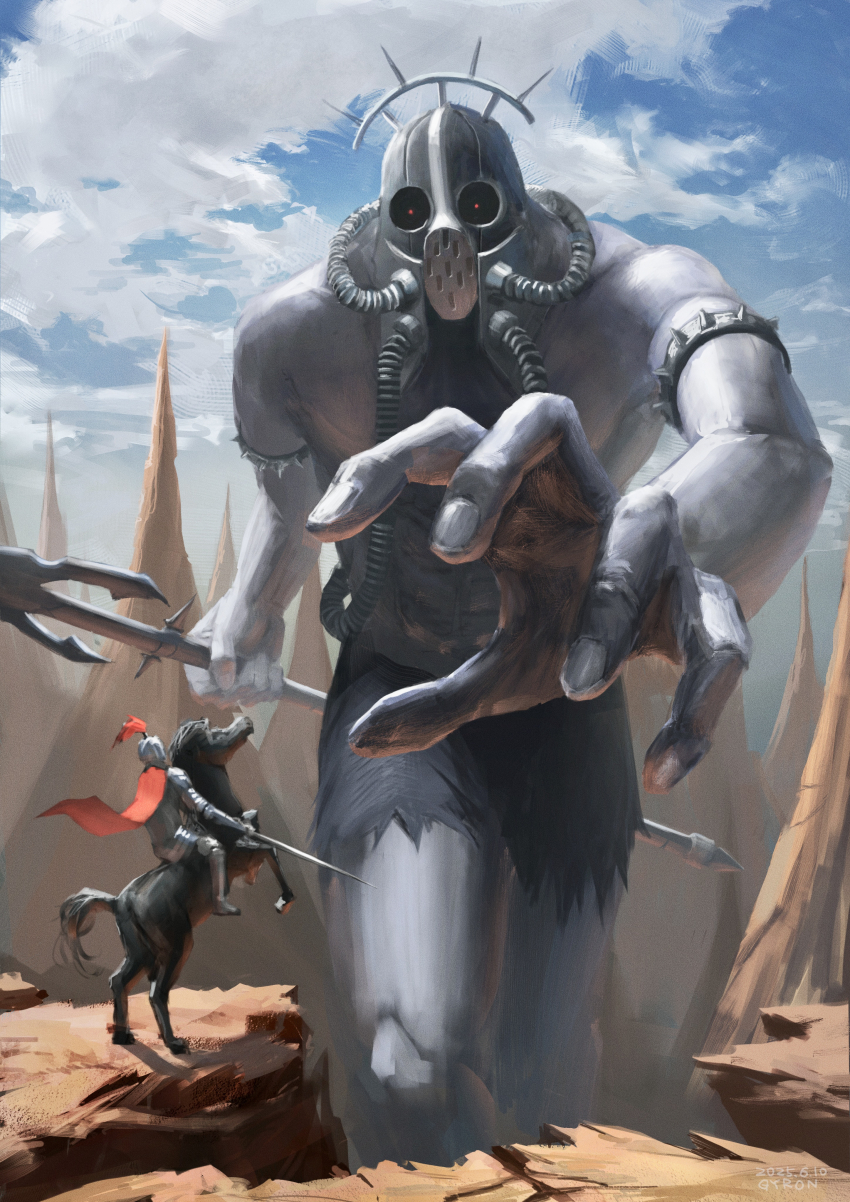 2025 absurdres armald0 armlet artist_name cloud colored_skin commentary dated english_commentary fantasy giant grey_skin highres holding holding_sword holding_weapon horse jewelry knight mask original red_eyes spiked_armlet sword weapon