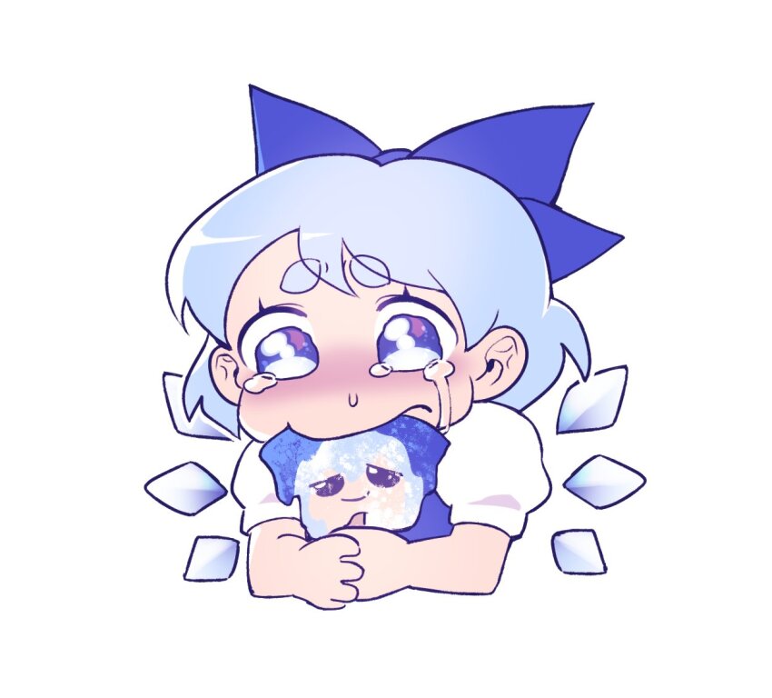 1girl blue_bow blue_dress blue_eyes blue_hair blue_vest bow character-themed_food cirno cirno_day crying crying_with_eyes_open detached_wings dress eating food fumo_(doll) hair_bow holding holding_food holding_popsicle ice ice_wings nnickykunn popsicle puffy_short_sleeves puffy_sleeves shirt short_hair short_sleeves simple_background streaming_tears tears thick_eyebrows touhou upper_body vest white_background white_shirt wings