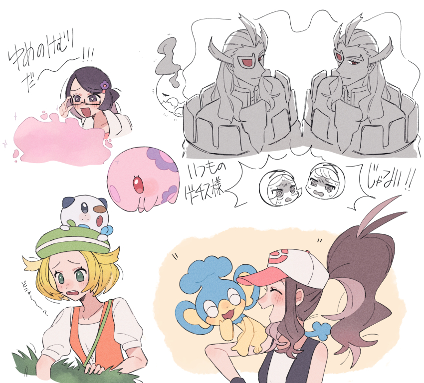 1boy 4girls :d adjusting_eyewear bianca_(pokemon) black_vest blonde_hair blush brown_hair commentary_request eyelashes fennel_(pokemon) flower gen_5_pokemon ghetsis_(pokemon) glasses green_eyes green_headwear hair_flower hair_ornament hat high_ponytail highres hilda_(pokemon) hime_(himetya105) long_hair multiple_girls munna nintendo on_head open_clothes open_mouth open_vest orange_vest oshawott panpour pokemon pokemon_(creature) pokemon_bw pokemon_on_head ponytail raised_eyebrows shirt short_hair short_sleeves sidelocks smile team_plasma_grunt vest white_headwear white_shirt