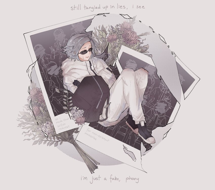 1boy aotsuki_eito black_bag black_gloves censored censored_identity commentary crying english_commentary english_text facing_ahead gloves grey_background grey_hair highres jacket kirifuji_nozomi knees_up male_focus maruko_gaku mojiro_moko omokage_yugamu photo_(object) plant shizuhara_hiruko short_hair smile solo specialredo spoilers sumino_takumi sunglasses the_hundred_line_-last_defense_academy- torn_photo white_jacket yakushiji_takemaru