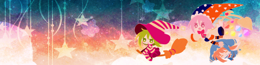 1girl 2boys =_= black_thighhighs blue_jacket blue_shoes blue_shorts blush_stickers boots bright_pupils broom broom_riding brown_boots cape chibi closed_mouth commentary_request film_grain foot_grab gold_trim green_eyes green_hair gryll_(kirby) hat heart heart-shaped_pupils highres hood hooded_jacket jacket jester_cap kirby_(series) light_brown_hair long_image long_sleeves magolor marx_(kirby) marx_(true_form)_(kirby) medium_hair multicolored_headwear multicolored_pantyhose multicolored_shirt multicolored_shorts multiple_boys neck_ribbon nintendo no_nose open_mouth pantyhose personification pink_eyes pink_hair pink_ribbon pink_skirt ribbon shirt shoes shorts skirt sleeves_past_fingers sleeves_past_wrists smile star-shaped_pupils star_(symbol) striped_clothes striped_headwear striped_pantyhose striped_shirt sweat symbol-shaped_pupils thighhighs usagi_nui white_cape white_pupils wide_image witch_hat yellow_shirt